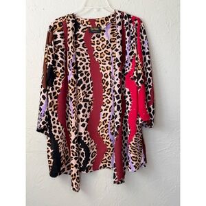 Bob Mackie Wearable Art Leopard Print Open Front Cardigan Top Red Purple Medium
